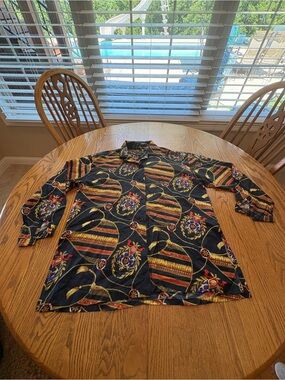 Vintage Bogari 100% silk Oversize  Black Gold Nautical Blouse Top S Baroque